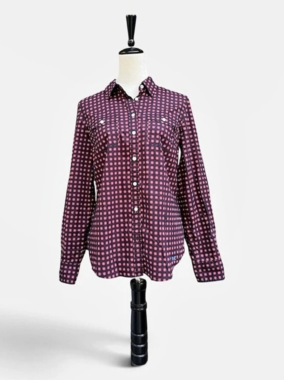 Talbots Navy Red Medallion Floral Button Down Shirt w/ Chambray Trim Sz 6